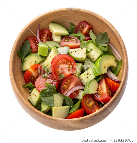 Colorful salad bowl with cherry tomatoes, avocado slices and cucumber, healthy eating isolated on transparent background 129329763