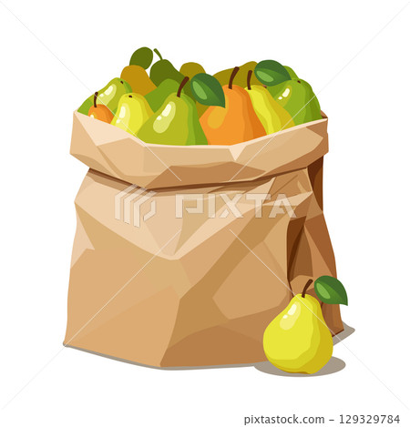 Paper bag full of pears . Vector fruit illustration in flat style. Summer clipart for diet design 129329784