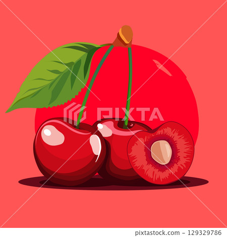 Juicy red cherries. Vector fruit illustration in flat style. Summer clipart for diet design 129329786