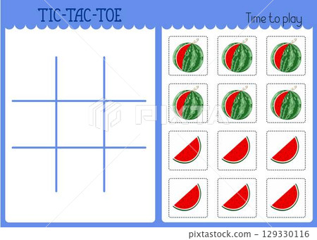 Tic-tac-toe or noughts and crosses kids game grid template, watermelon fruit to cut out, fun educational activity for logic thinking development, printable worksheet for board game, teacher resources 129330116