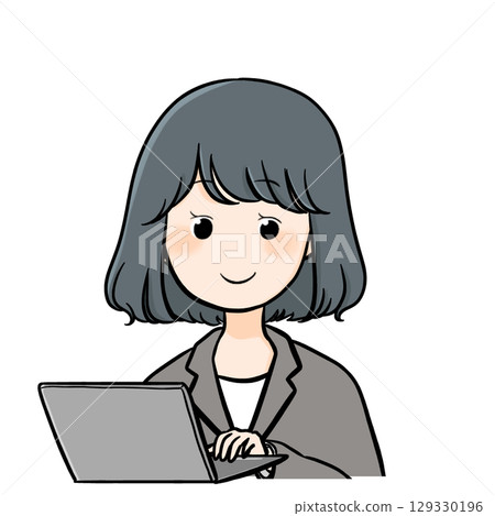 Smiling woman in suit and computer 129330196