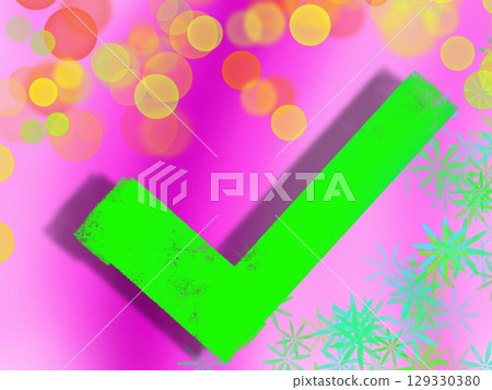 Yes or correct sign 2d illustration. Green checkmark on pink background, copy space 129330380