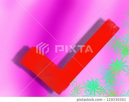 Check mark. A red checkmark in pink background. The image is made in a flat style. illustration. Copy space 129330381