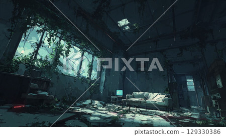 A forgotten room overrun by greenery 129330386
