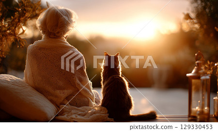 與奶奶和貓一起看日落的寧靜時刻 129330453