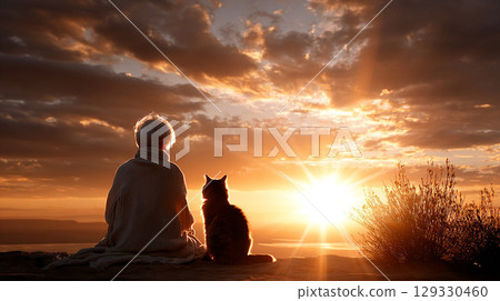 A warm scene of a grandmother and a cat sitting side by side with the sunset in the background 129330460