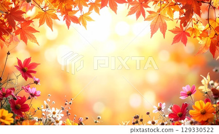 秋葉和秋花環繞的背景框 129330522