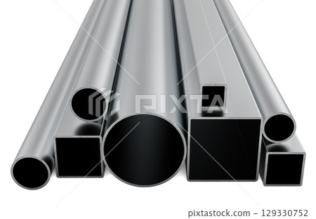 Metal pipes and square profiles. 3D rendering Metal pipes and square profiles. 3D rendering 129330752