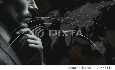 未來主義的企業領導理念,商人與發光的點和線形成的全球貿易路線 未來主義的企業領導理念,商人與發光的點和線形成的全球貿易路線 129331112