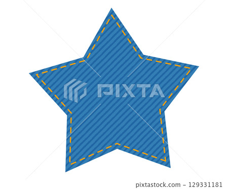Patch denim star shape with stitches seam jeans fashion illustration. Flat apparel blue color template isolated on whit 129331181