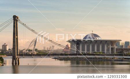Seri Wawasan Bridge and Tuanku Mizan Zainal Abidin Mosque at golden hour in Putrajaya, Malaysia Seri Wawasan Bridge and Tuanku Mizan Zainal Abidin Mosque at golden hour in Putrajaya, Malaysia 129331300