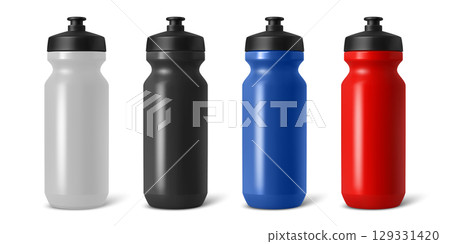 Vector 3d Realistic Blank Sport Water Bottle Set. Plastic Cycling Bottle, Gym, Fitness Bottle for Sports, Outdoor, Travel, Training, Exercise, Workout. Sport Bottle Isolated Vector 3d Realistic Blank Sport Water Bottle Set. Plastic Cycling Bottle, Gym, Fitness Bottle for Sports, Outdoor, Travel, Training, Exercise, Workout. Sport Bottle Isolated 129331420