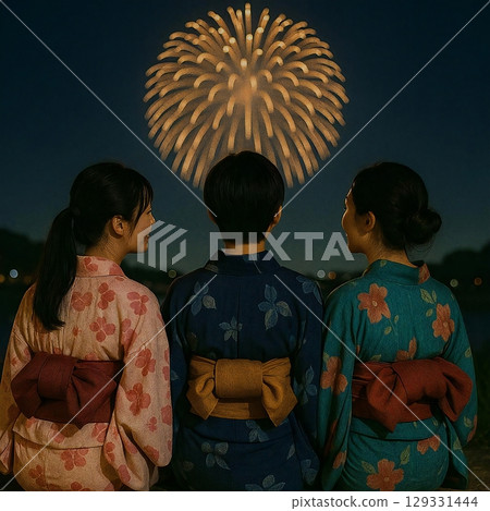 我創作了一幅寧靜時刻的畫面，三個人並肩站在一起，凝視著夜空中的大型煙火。 129331444