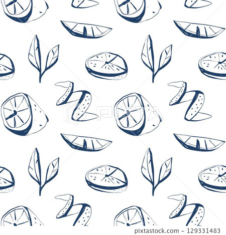 Seamless lemon twist pattern with leaves, slices and peels in deep blue on white for modern food and kitchen design Seamless lemon twist pattern with leaves, slices and peels in deep blue on white for modern food and kitchen design 129331483