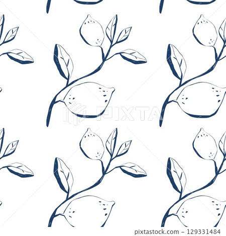 Seamless hand drawn lemon branch pattern in modern blue and white color scheme for fabric and packaging 129331484