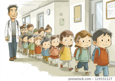 學生依照老師的指示通過疏散路線 學生依照老師的指示通過疏散路線 129332127