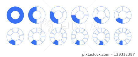 Circles divided diagram from 1 to 12 equal parts icons. Graph pie, pizza shape section charts. Coaching blank templates. Set of segments wheel round divide infographic design elements. 129332397