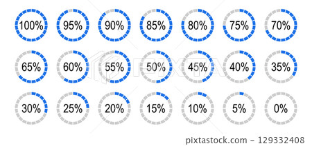 Percentage infographics minimal elements. Round diagrams icons for infographics from 0 to 100 percent. Blue, grey color fill divided pie charts indicator layout. Circle graph loading progress mockup. 129332408
