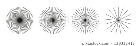 Set of Sunburst element, radial stripes. Ray beams, burst. Sun star rays. Spokes with radiating stripes grid. Radial circle radiation lines. Circular lines. Outline abstract graphic illusion pattern. Set of Sunburst element, radial stripes. Ray beams, burst. Sun star rays. Spokes with radiating stripes grid. Radial circle radiation lines. Circular lines. Outline abstract graphic illusion pattern. 129332412