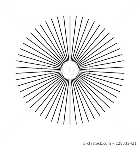 Circle burst. Sunburst element. Starburst radial stripes. Ray beam. Radial circle lines. Circular lines. Symbol of Sun star rays. Flat design. Spokes with radiating stripes. Abstract geometric shapes. 129332421