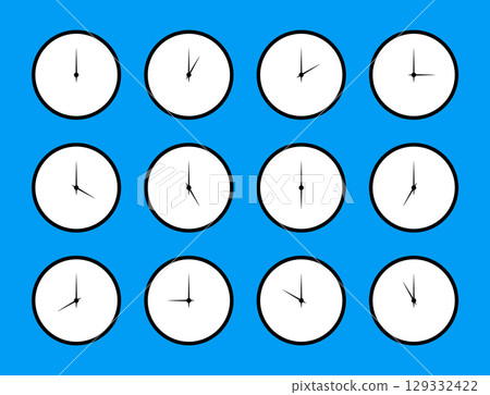 Clock icons. Time symbol. Watch faces. Round clocks faces with different time. Flat template.  129332422