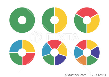 Donut charts segmented on equal parts. Diagrams infographic multicoloured. Wheels divided in sections. Circle section graph. Pie, pizza chart round icons. Loading bar templates. Donut charts segmented on equal parts. Diagrams infographic multicoloured. Wheels divided in sections. Circle section graph. Pie, pizza chart round icons. Loading bar templates. 129332431