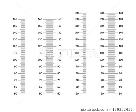 Height charts from 50 to 160, 170 centimeters. Templates for wall growth sticker set. Meter wall or growth ruler. Graphic illustration on white background. 129332435