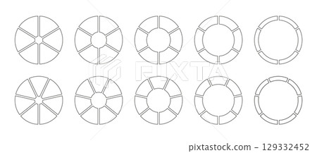 Circle division on 6, 7 equal parts. Wheel round divided diagrams, six, seven segments. Infographic set. Coaching blank. Section graph line art. Pie, pizza chart icons. Outline minimalist donut chart. Circle division on 6, 7 equal parts. Wheel round divided diagrams, six, seven segments. Infographic set. Coaching blank. Section graph line art. Pie, pizza chart icons. Outline minimalist donut chart. 129332452