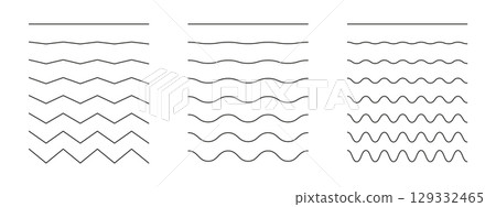Minimalist set of wavy, curvy, zigzag lines. Simple undulate borders, transverse horizontal black lines. Water, river, lake, sea, ocean symbol. Sine, fluid, air, wind sign. Outline thin trendy graphic 129332465