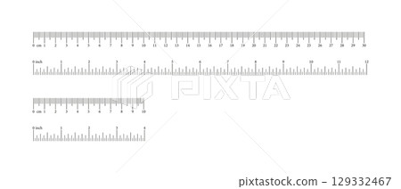Set of inch, metric rulers. Measuring tool. Scale for ruler in centimeters, inches. Inches, centimeters measuring scales. Metrics indicator cm, inch. Measuring chart 10, 30 centimeters, 4, 12 inches. 129332467