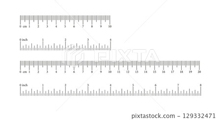 Set of ruler scales 4,8 inch and 10, 20 centimeters, markup, numbers. Measuring sticks. Distance, height, length measurement, sewing tool mockups. Measuring charts, metric, imperial units templates. 129332471