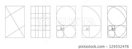 Golden ratio frames. Fibonacci array, numbers. Method golden section template. Harmony proportions grid. Outline illustration.  129332476