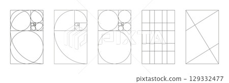 Golden ratio template. Method golden section pattern. Fibonacci array, numbers frames. Harmony proportions shapes. Outline graphic mockup.  129332477