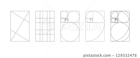 Set of golden ratio patterns. Method golden section mockup. Fibonacci array, numbers minimalist forms. Harmony proportions black frames. Outline thin graphic illustration. Set of golden ratio patterns. Method golden section mockup. Fibonacci array, numbers minimalist forms. Harmony proportions black frames. Outline thin graphic illustration. 129332478