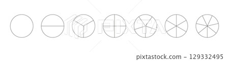 Circle division on from 1 to 7 equal parts. Round divided diagrams with from one to seven segments. Segmented pinwheel black icon. Infographic set. Coaching blanks. Outline graphics. Pizza, pie charts 129332495