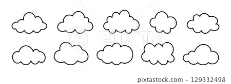 Flat outline clouds. Doodle fluffy clouds. Puffy, cumulus clouds. Cloudy forms mockups in black thin contour. Weather element minimal templates. Objects cloudscape layouts. Hand drawn black cute icon. 129332498
