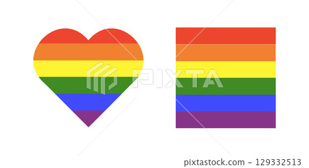 Rainbow flag background. Gay pride frames. Progress Logo symbol. LGBT icon. Stickers in rainbow colors set. Square, heart badge, button, backdrop, mockups. Minimal template design. 129332513