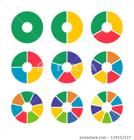 Donut charts. Pizza, pie segmented on from 1 to 9 equal parts. Diagrams infographic multicoloured. Circle section graphs. Wheels divided in sections. Charts round icons layout. Loading bar mockups. 129332537