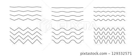 Wavy, curvy, zigzag lines set. Undulate borders, transverse horizontal line. Sine, fluid, air, wind signs. Water, river, lake, sea, ocean symbol. Wave ornament pattern.  129332571