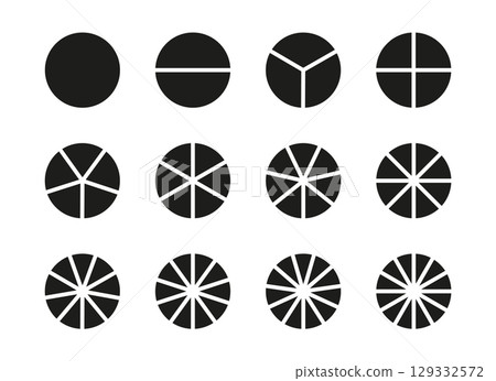 Pie chart template. Diagram wheel parts from 1 to 12. Sectors divide the circle on equal parts. Coaching blank. Black minimalist graphics. Set of pizza, pie segmented charts. Segments flat infographic Pie chart template. Diagram wheel parts from 1 to 12. Sectors divide the circle on equal parts. Coaching blank. Black minimalist graphics. Set of pizza, pie segmented charts. Segments flat infographic 129332572