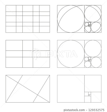Golden ratio layout set. Method golden section mockup. Fibonacci array, numbers shapes. Harmony proportions frames. Outline graphic illustration. Golden ratio layout set. Method golden section mockup. Fibonacci array, numbers shapes. Harmony proportions frames. Outline graphic illustration. 129332575