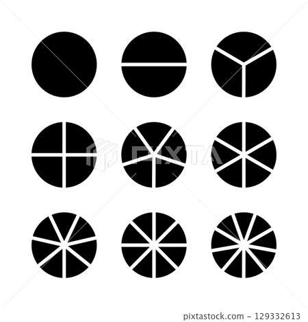 Circle division on 1, 2, 3, 4, 5, 6, 7, 8, 9 equal parts. Infographic minimalist black layout. Wheel round divided diagrams from one to nine segments. Coaching simple blank. Pie, pizza chart mockup. 129332613