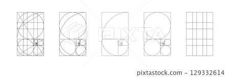 Golden ratio template minimalist set. Method golden section mockups. Fibonacci array, numbers forms. Harmony proportions frames. Outline graphic illustration.  129332614