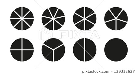 Circle division on 1, 2, 3, 4, 5, 6, 7, 8 equal parts. Set of infographic minimalist icons. Coaching blank mockup. Pie, pizza chart layout. Wheel round divided diagrams from one to eight segments. 129332627