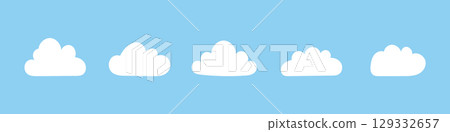 Fluffy clouds. Flat clouds in blue sky. Puffy, cumulus clouds on blue background. Cloudy shapes simple mockups. Weather element templates. Objects cloudscape layout. Hand drawn minimalist white icons. Fluffy clouds. Flat clouds in blue sky. Puffy, cumulus clouds on blue background. Cloudy shapes simple mockups. Weather element templates. Objects cloudscape layout. Hand drawn minimalist white icons. 129332657