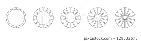 Wheel round divided, 14 sections. Outline donut chart, pies segmented, fourteen equal parts. Diagrams infographic set. Circle section graph line art. Pizza chart simple icon. Coaching tool. 129332675