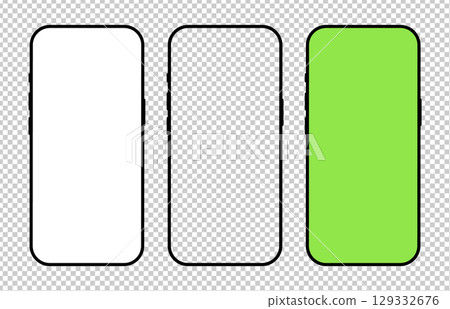 Smartphone black frames. Gadget symbol. Device flat front view sample. Blank smart phone green, white, empty screen template. Set of mobile phone black icon. Signs for website design, ui, mobile app. 129332676