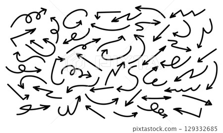 Set of black arrows. Hand drawn arrow. Various of lines arrows. Set of black arrows. Hand drawn arrow. Various of lines arrows. 129332685