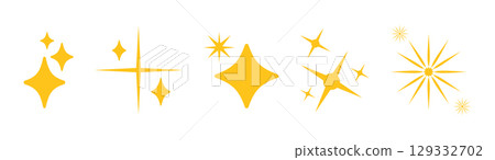 Set of shine, sparkle gold stars on white background. Sparkle yellow star symbols. Shine retro icons. Blink twinkle, sunburst star shapes. Magic light flare, bright flash star patterns. Shining glow. 129332702