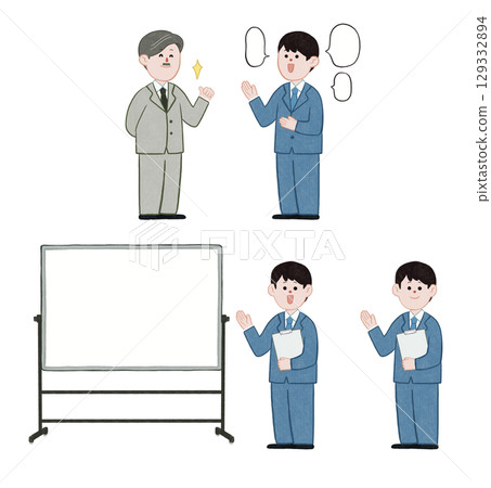 Set of 4 illustrations of men in suits reporting, presenting, meeting, and boss evaluation Set of 4 illustrations of men in suits reporting, presenting, meeting, and boss evaluation 129332894